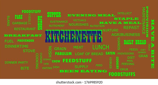 Kitchenette text presented in blue color with multiple related words on brown background vector abstract background.