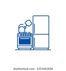 Kitchen,refrigerator, stove, kettle line icon concept. Kitchen,refrigerator, stove, kettle flat  vector symbol, sign, outline illustration.