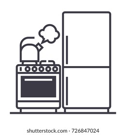 kitchen,refrigerator, stove, kettle vector line icon, sign, illustration on background, editable strokes