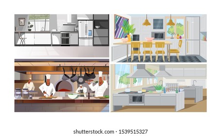 Kitchens vector illustration set. Modern home kitchen, studio with dining table, chief cooking in restaurant, big commercial kitchen of cafe, diner, canteen. Interiors concept