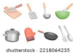 Kitchenware 3d icon set. Kitchen utensils for cooking. Isolated icons, Cutting board, knife, spatula, ladle, whisk, bowl, saucepan, tack, pan, fork, spoon. Cutlery. Objects on transparent background