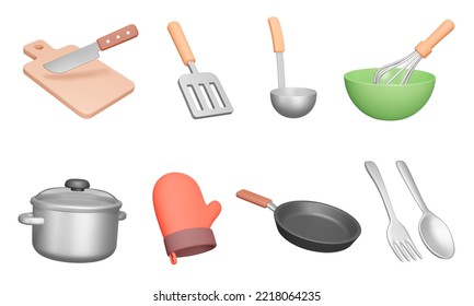 Kitchenware 3d icon set  Kitchen utensils for cooking  Isolated icons  Cutting board  knife  spatula  ladle  whisk  bowl  saucepan  tack  pan  fork  spoon  Cutlery  Objects transparent background