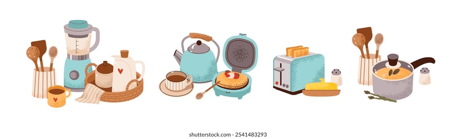 Utensílios de cozinha e eletrodomésticos para um café da manhã acolhedor. Ferramentas e utensílios de cozinha. Culinária essencial. Ilustração plana.