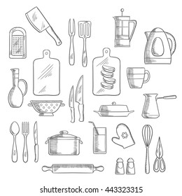 Kitchenware and appliances sketches. Tea, coffee pots, knives, forks, spoon, cup, glass, jug, spatula, cutting board, grater, rolling pin, kettle, pot, whisk, scissors, salt and pepper shakers 