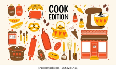 Kitchenware and Bakery stickers in cartoon style. Crockery, cutlery, kitchen equipment, cooking elements. Pan, spoon, fork, frying pan. Vector set labels, patches, sweet pastries, candies