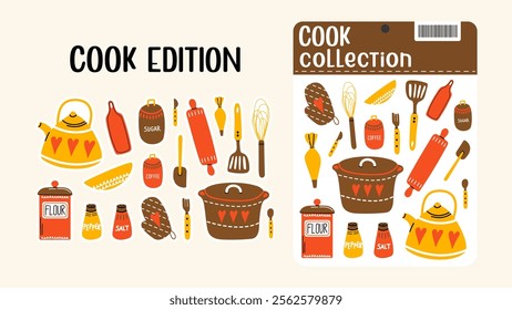 Kitchenware and Bakery stickers in cartoon style. Crockery, cutlery, kitchen equipment, cooking elements. Pan, spoon, fork, frying pan. Vector set labels