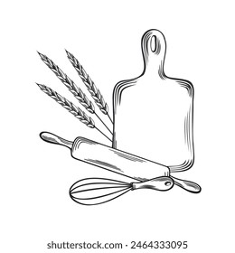 Kitchenware, baking tools. Ears of wheat. Cutting board, rolling pin and whisk. Vector flat illustration linear, isolated. Wooden instrument. Template for wrapping, cookbook, menu, showcase, website.