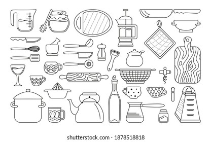 Kitchenware black line cartoon set. Modern kitchen tool flat cooking dishes, equipments. Dishes cup, tack teapot grater. Hand drawn utensils collection objects. Food preparation. Vector illustration