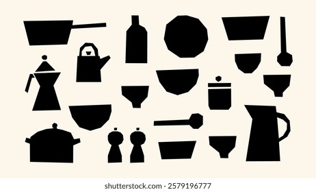 Kitchenware black stickers in flat and naive style. Crockery, cutlery, kitchen equipment for cooking. Bright set of cooking elements. Pan, spoon, fork, frying pan.