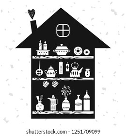 Kitchenware, in black and white, Scandinavian style greeting card, in the shape of a house, grunge background. Vector illustration.