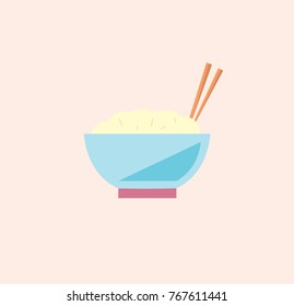 Kitchenware, A blue bowl with rice and red chopsticks on pink pastel background