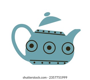 Kitchenware for brewing and making delicious aromatic tea. Isolated ceramic teapot with lid and handle, ornamental design and geometric adornment, and drawing on a dish. Vector in flat style