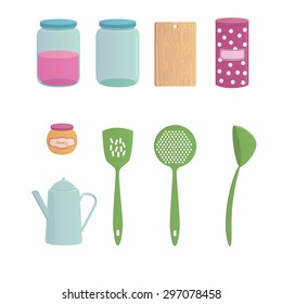 Kitchenware cartoon set with nine objects. Cartoon vector illustration