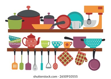 Kitchenware and ceramics collection for home - cups, plates, bowls, mixer, pots. Set of dishes for cooking food isolated on white background. Flat vector illustration of kitchen utensils.