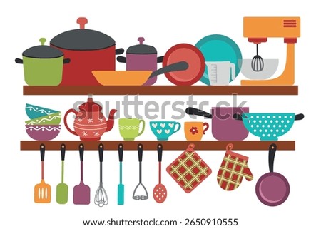 Kitchenware and ceramics collection for home - cups, plates, bowls, mixer, pots. Set of dishes for cooking food isolated on white background. Flat vector illustration of kitchen utensils.