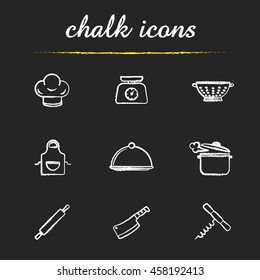 Kitchenware chalk icons set. Chef's hat, kitchen food scales, colander, apron, covered dish, steaming stew pot, rolling pin, cleaver, corkscrew illustrations. Isolated vector chalkboard drawings