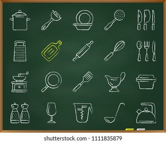 Kitchenware chalk icons set. Outline web sign kit of cookware. Dishware linear icon collection includes spatula, skimmer, grater. Hand drawn simple kitchen symbol on chalkboard vector Illustration