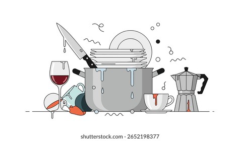 Kitchenware cleaning process with utensils and drinks on white background
