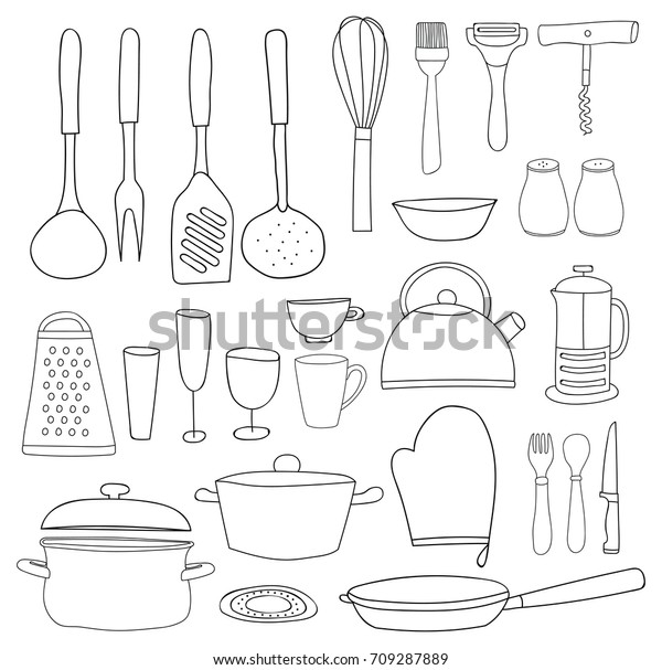 Kitchenware Collection Black Outline Silhouettes On Stock Vector ...