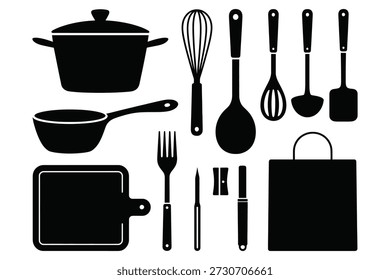 Utensílios de cozinha e tábua de cortar