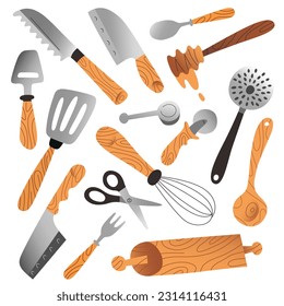 Kitchenware collection, isolated vector illustrations, cutlery, skimmers and knives, household tools and utensils for food preparation, hand drawn vector isolated cartoon illustration, modern cliparts