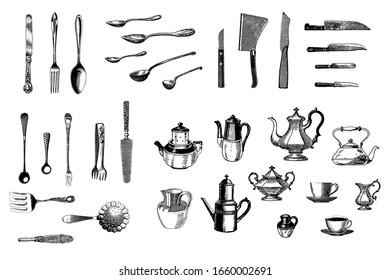 kitchenware collection set vectors, bag printing, tshirt printing, illustration, spoon and fork hand drawn, teapot, scoop, carafe, cleaver