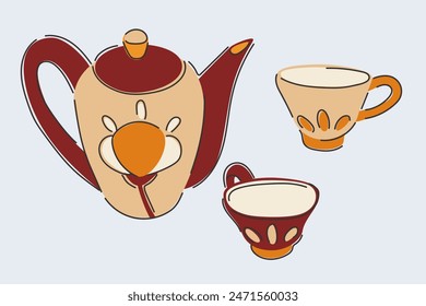 Kitchenware collection. Teapot and mugs with floral ornament. Intermittent outline, uneven shape. Yellow and red color
