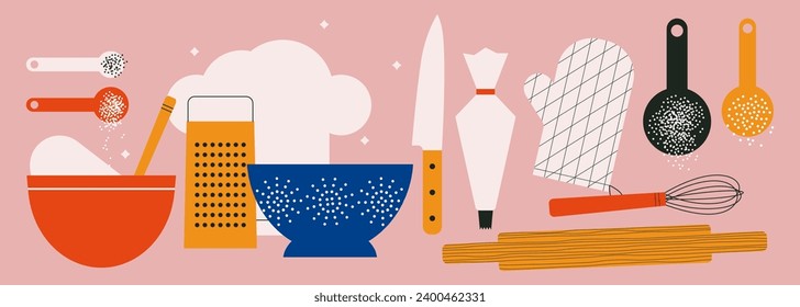 Kitchenware collection. Tools for cooking and baking. Cutlery. Abstract horizontal banner with kitchen utensils. Flat vector illustration. Trendy abstract style. Scandinavian design.