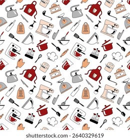 Kitchenware color seamless Pattern. Hand Drawn kitchen tools. Kitchen utensils and appliances for poster, fabric, packaging, menu, background, print. Cooking clipart. Vector illustration