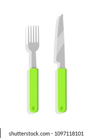 Kitchenware colorful banner, vector illustration, utensil with round green handles, knife and fork, modern cutlery set, eating tools, silver dishware.