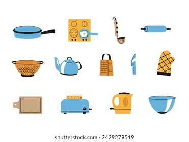 Kitchenware colorful icons set. Kitchen utensils for cooking. Cartoon flat style with black thick line elements.