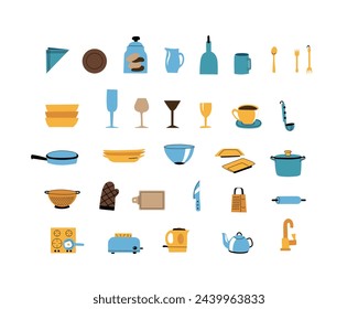 Kitchenware colorful icons set. Kitchen utensils for cooking. Cartoon flat style with black thick line elements.