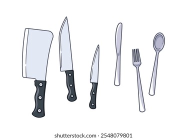 Composición de utensilios de cocina con tenedor y cuchara, diferentes cuchillos aislados sobre fondo blanco