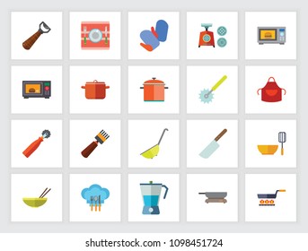 Kitchenware concept. Flat icon set. Kitchen utensils, cooking equipment, food preparation. Can be used for topics like domestic life, housekeeping, housework