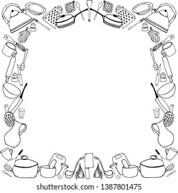 kitchenware cook frame doodle outline. design for web banners, coloring book, printed materials, menu, textile, web sites 