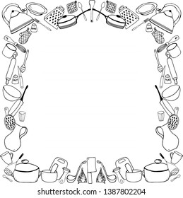 kitchenware cook frame doodle outline with line. design for web banners, coloring book, printed materials, menu, textile, web sites 