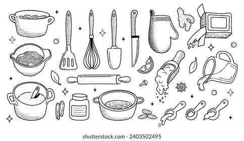 Kitchenware and Cook ingredients big icon set. Cookbook stickers, cute home menu. Cooking various meals set. Pots, loose ingredients, spoons and spatulas. Vector outline illustration.