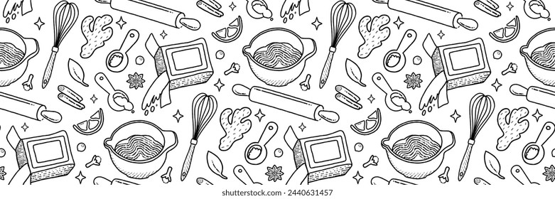 Kitchenware and Cook ingredients outline Pattern. Food icons and elements. Cookbook cute home menu. Pattern for background, printing on wrapping paper, wallpaper or fabric. Cartoon vector illustration