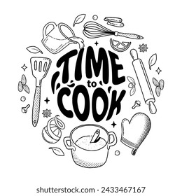 Kitchenware and Cook line ingredients set. Time to cook lettering. Products and kitchen tools for cooking baking recipes. Food icons and elements. Vector line illustration. Kitchen utensils, home menu