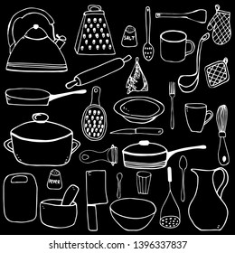 kitchenware cook set doodle outline black background. Design for Kids, Greeting Card, Baby dishes, web banners, printed materials, textile, web sites 