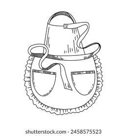 Kitchenware. Cooking apron with lace and ribbons, drawn in black vector. Suitable for printing on fabric, paper, stickers, design, scrapbooking.