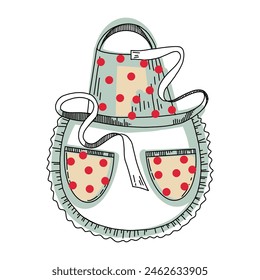 Kitchenware. Cooking apron with lace and ribbons, drawn in black vector. Suitable for printing on fabric, paper, stickers, design, scrapbooking.