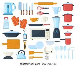 Kitchenware cooking culinary cutlery, tools, utensils elements. Tableware, kitchen tools and dishes vector illustration set. Kitchen utensils elements and appliances as kettle, mixer and microwave