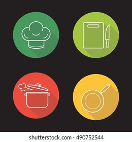 Kitchenware cooking items. Flat linear long shadow icons set. Chef's hat, cutting board with knife, steaming saucepan, frying pan. Vector line illustration
