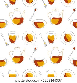 Kitchenware cooking pattern with teapot mug plate fork spoon in doodle style. Vector illustration