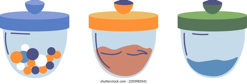 Kitchenware for cooking and preparing food. Isolated glass jars with lids, containers with spices and herbs, desserts and tasty meal. Snacks or products for serving. Vector in flat style illustration