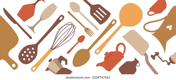 Pancartas de la tienda de utensilios de cocina. Cuchillo, tenedor, cuchara, sartén, olla, conjunto de espátula. Artículos de cocina, utensilios de cocina, colección de herramientas de cocina. Cubertería de fondo blanco. Cartel de cocina vectorial.