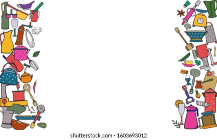 Kitchenware and cooking tools. Cartoon colorful vector vertical border, frame for design menus, cookbooks, cards, posters. Isolated illustration on a white background.