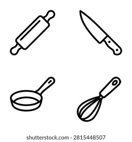 Kitchenware cooking tools icon set featuring rolling pin knife frying pan and whisk rollingpin utensils culinary equipment restaurant appliance