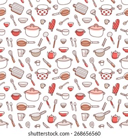 Kitchenware And Cooking Utensils Colorful And Fun Doodle Seamless Pattern